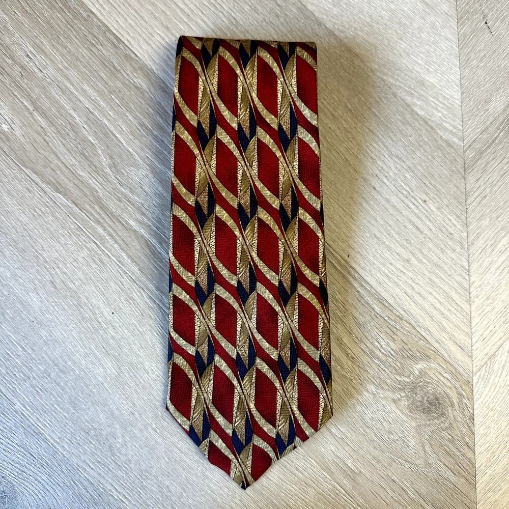 Hickey Freeman Collection Silk Tie Burgundy Red Navy Blue Beige Gold Geometric